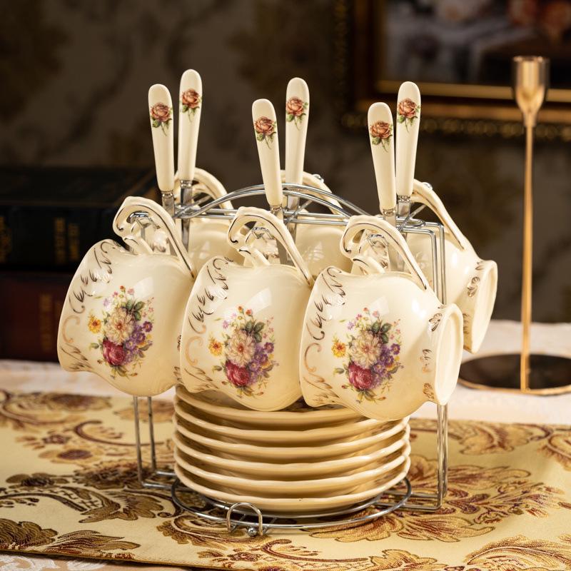 European Floral Tea Cup & Saucer Set with Gold Rim - Light Luxury Afternoon Tea Set for Home Use