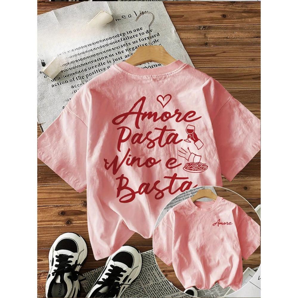 Damen-T-Shirt mit "Amore Pasta Vino E Basta" (Liebe Pasta, Wein und das ist genug) Italienische Essensgrafik, Kurzarm.Y2K