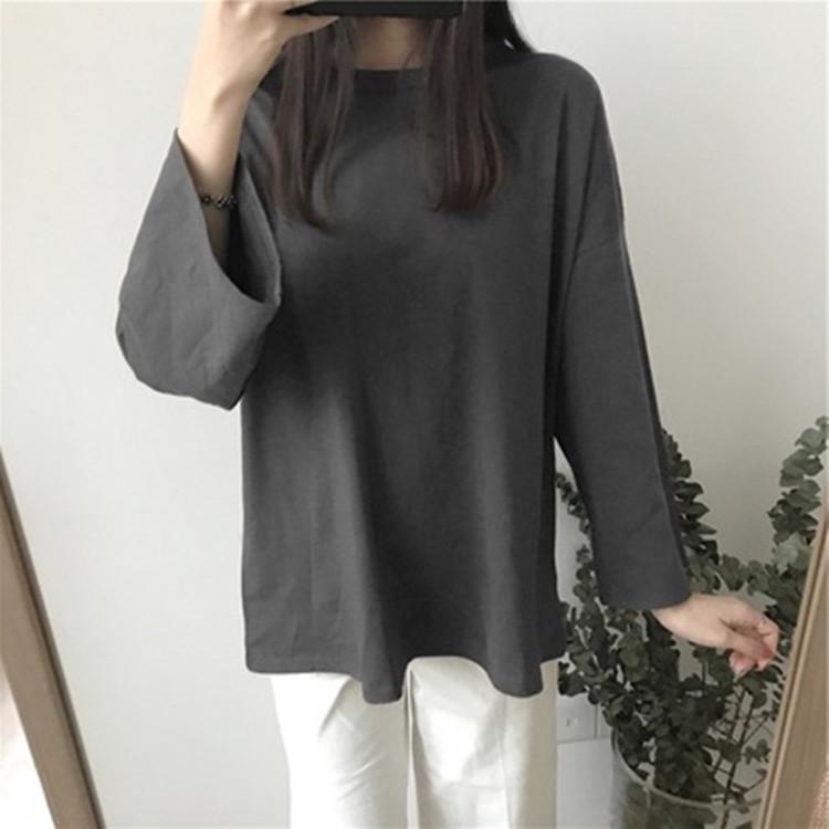 Solid Long Sleeve Tee Women Autumn Korean Loose Versatile Slim Base Layer Student Top