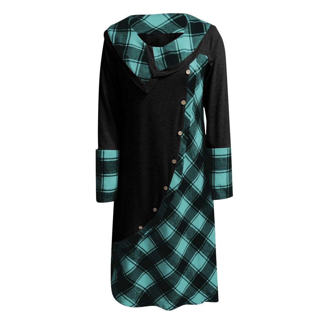 Moda feminina xadrez costura botão bolsos pilha pescoço vestido de manga comprida