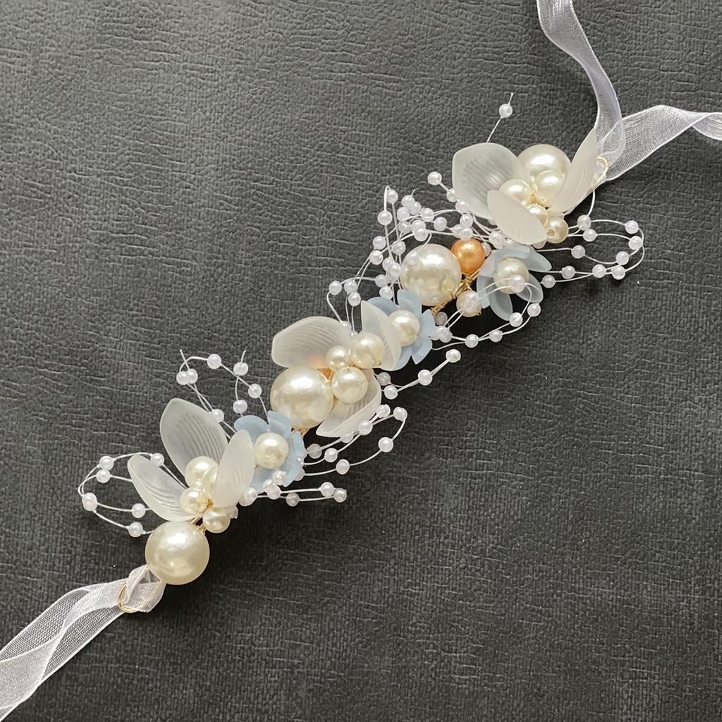 Bridal Wedding Girls Formal Dress Accessories Pearl Handmade Wrist Flower Bracelet Garland Set Headdress Hair