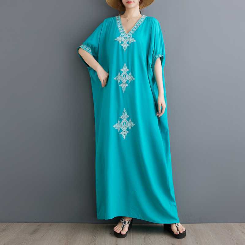 

Новые вышитые однотонные платья в стиле бохо для отпуска с удлиненным силуэтом One size морская волна