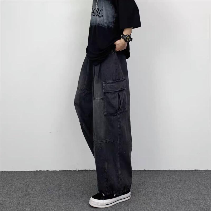 Men's Japanese Retro Wide-Leg Overalls with Large Pockets - Spring/Summer Trendy Neutral Loose Straight Jeans