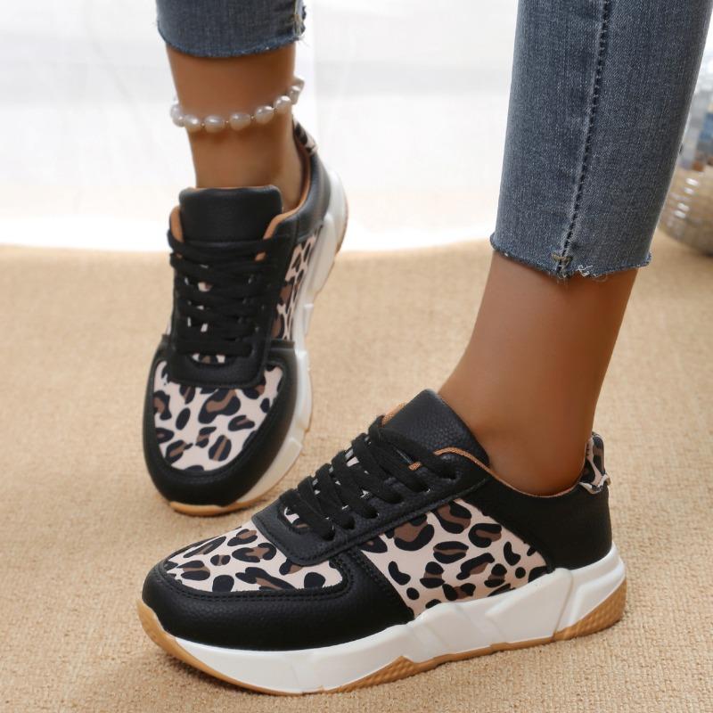 Fashion Platform Sneakers Woman Round Toe Low-top Leopard Wedge Shoes Women's Size 43 Lace Up Casual Walking Jogging Sports Trainers
