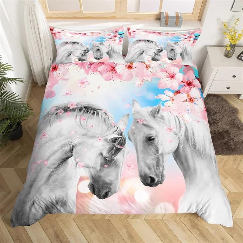 Horse Duvet Cover Butterfly Floral Comforter Cover Microfiber Western Farm Animals Bedding Set King For Kids Girls Bedroom Decor