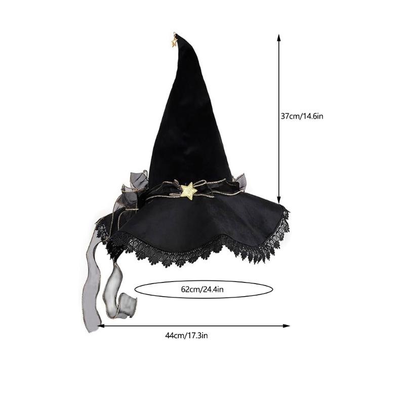 Black Soft Finish Witch Hat for Adults with Star Accent Ribbon Trim and Flared Edge Costume Look for Halloween Parties and Photo Fun