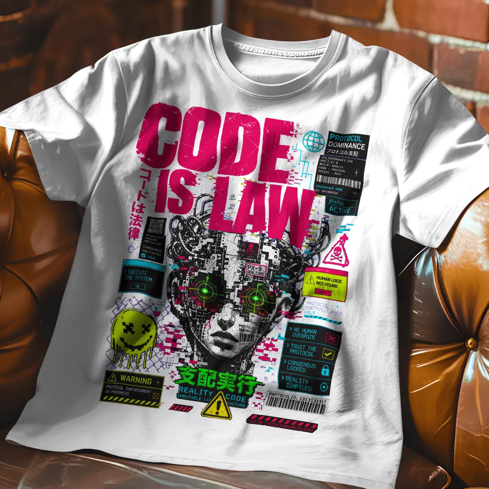 Dystopian Graphic Tee with glitchy AI android design for coders and software engineers S