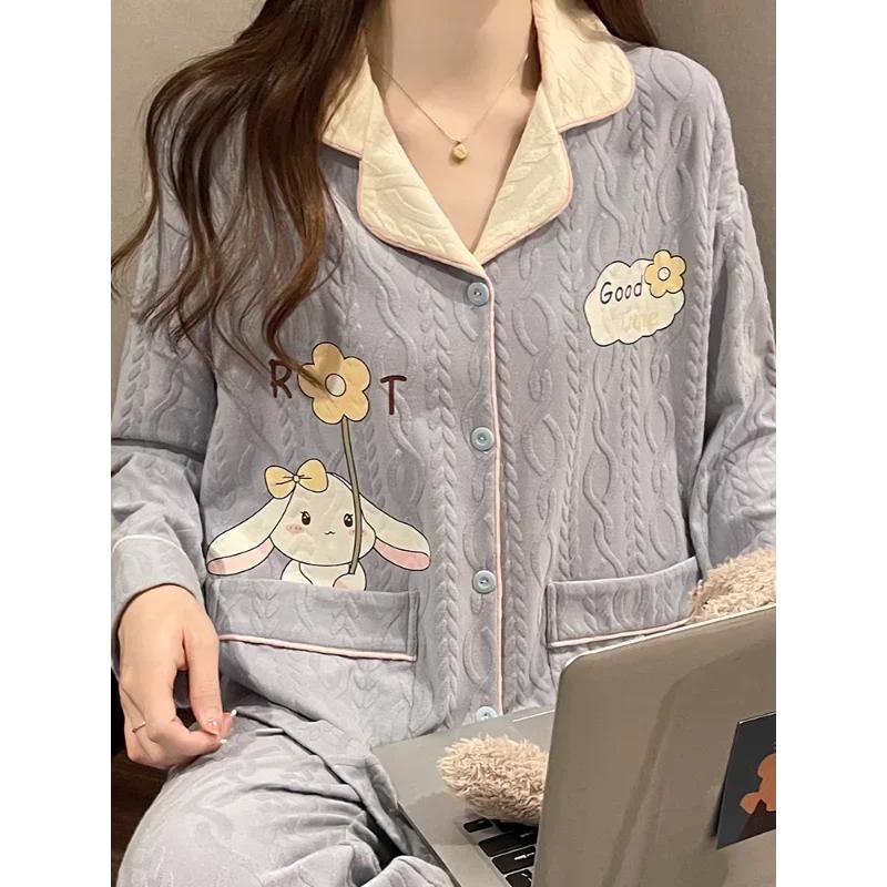 Autumn Cotton Women's Pajamas Long-sleeved Two-piece Silk Pajamas Women's Home Wear Pajamas Pants Set