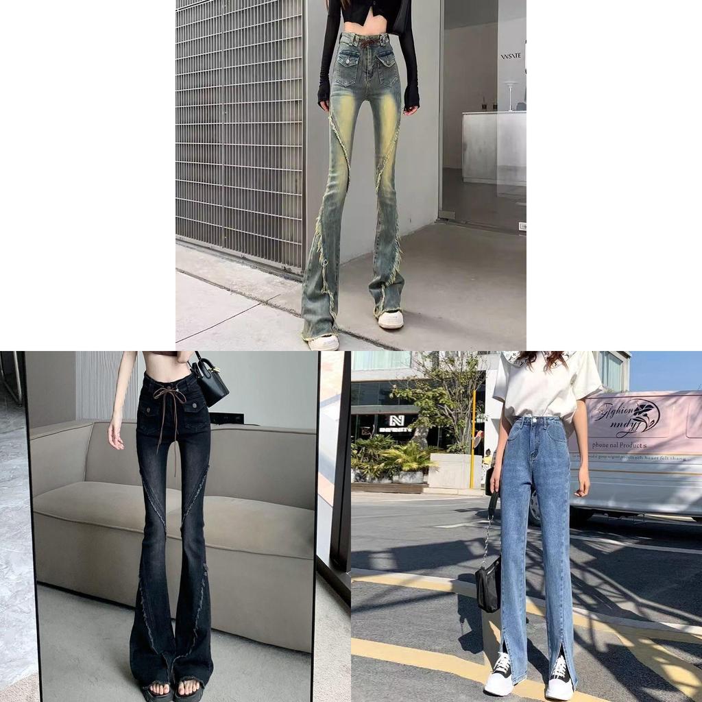 Kadınlar İçin Kalın Kot Kumaşlı ve Retro Yıkamalı Yüksek Bel İspanyol Paça Kot Pantolon - Günlük Giyim İçin