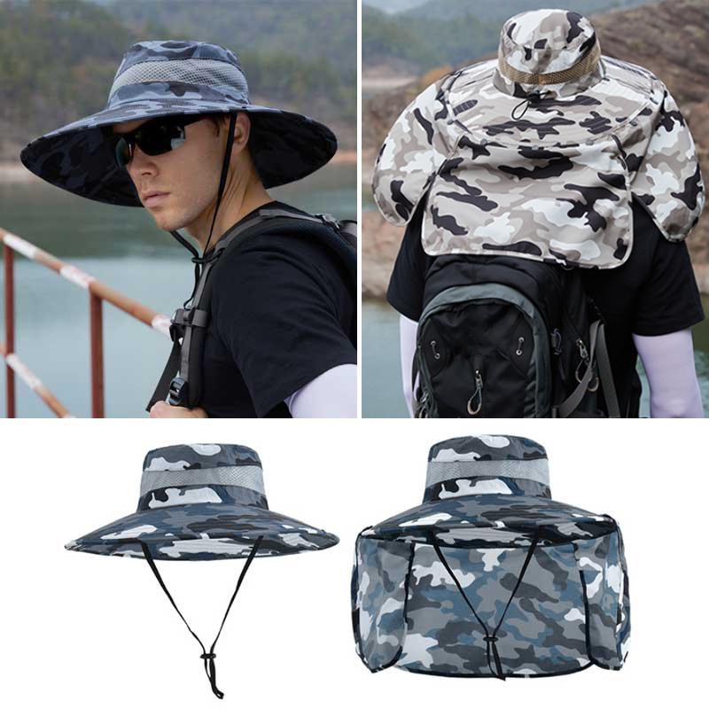 Outdoor Activity Camouflage Bucket Hat with Removable Shawl Unisex Summer Large Brim Sun Hat Water Resistant Quick-Drying Hiking Fishing Hat