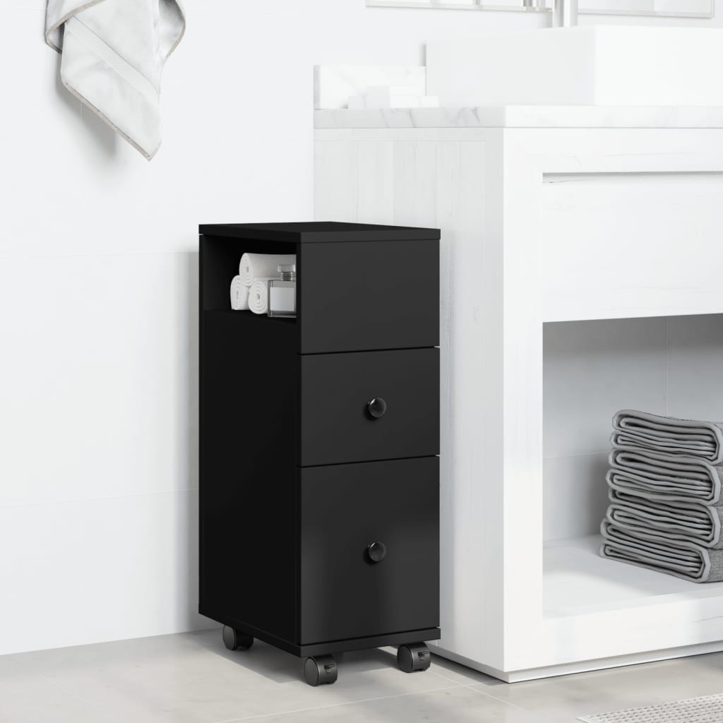 Narrow Bathroom Cabinet with Casters Black Particleboard