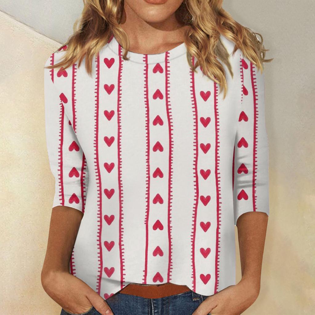 Damski top z nadrukiem walentynkowym, modny, casualowy, z rękawem 3/4 i okrągłym dekoltem