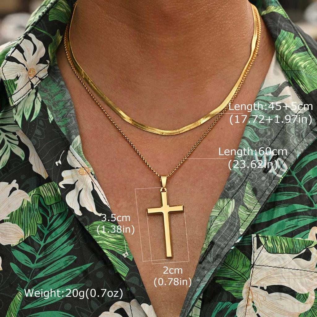 2pcs Punk Cross Necklace for Men BoysStainless Steel Stacked Chain Necklace,Male Sweater Chain Gift