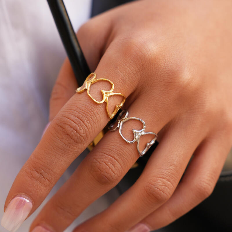 Stainless Steel Heart-Shaped Hollow Opening Rings for Women Men Classic Texture No Fading Couple Rings Party Jewelry Accessories