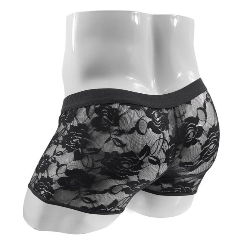 Men'S Floral Lace Boxer Open Front Bugle Pouch Sissy Lingerie Underwear Sexy See Through Underpants Trunks Crossdress Panties