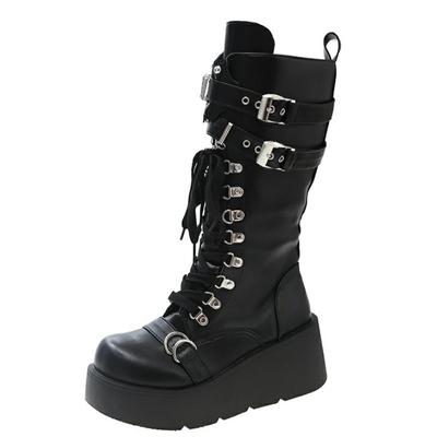 Brand New Ladies Goth Platform Boots Fashion Black Buckle Punk Wedges High Heels Women's Boots Party Street Cosplay Woman Shoes