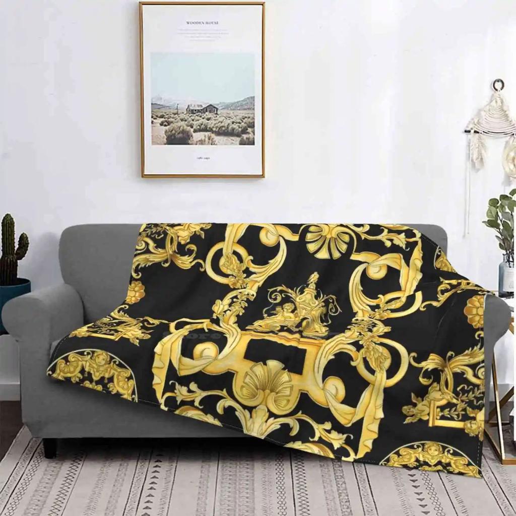 Golden Flower Pattern Blanket Creative Design Light Soft Flannel Blanket Black Luxury Fashion Blanket