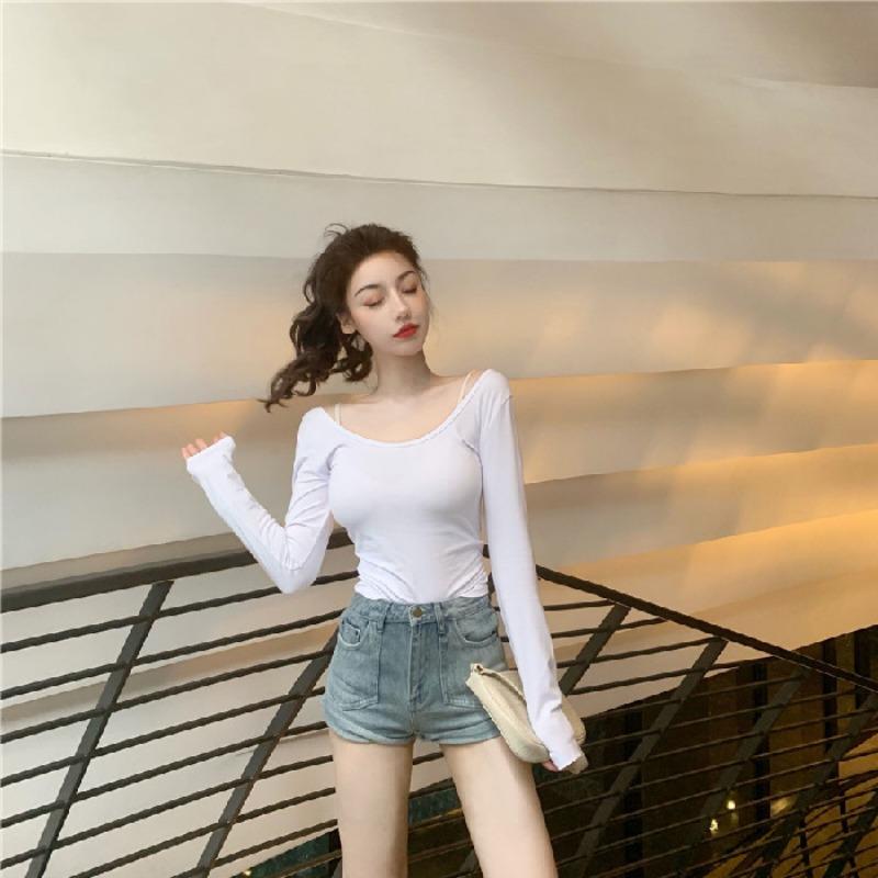 Autumn New Sexy Halter Long Sleeve T-shirt Women All Design Sense U Collar Solid Color Top Spice Girl Base Shirt