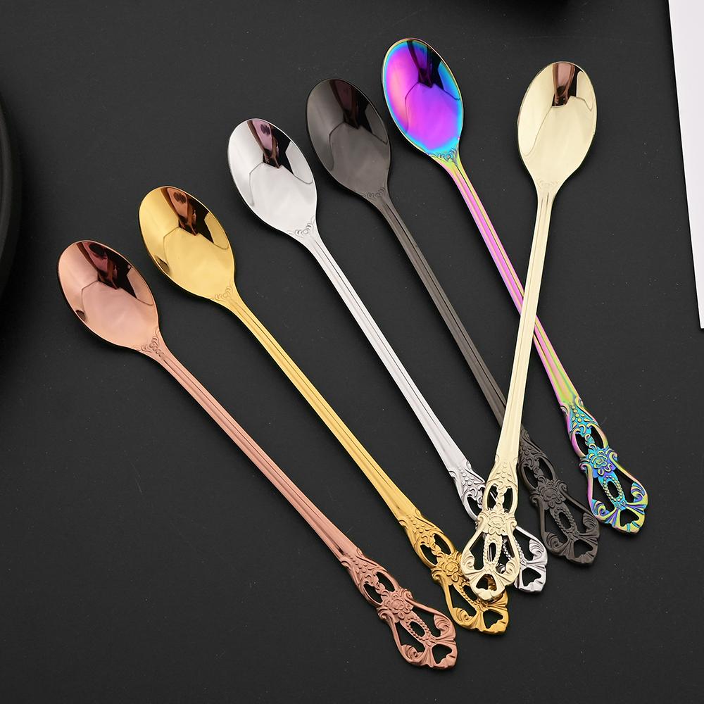 4Pcs Stainless Steel Long-Handled Ice Teaspoon Coffee Spoon Ice Cream Stirring Spoon Kitchen Accessories Tableware Set