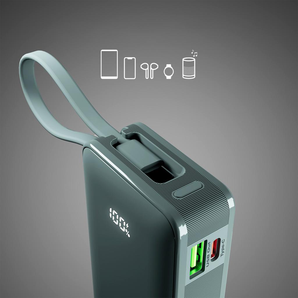 Powerbank 10000mAh USB-A USB-C z wyświetlaczem wbudowanym kablem USB-C 20W - szary