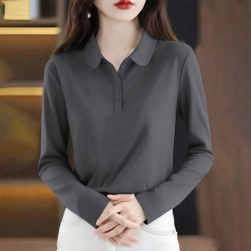 Autumn Women's Polo Shirt Long Sleeve Solid Color Casual Top