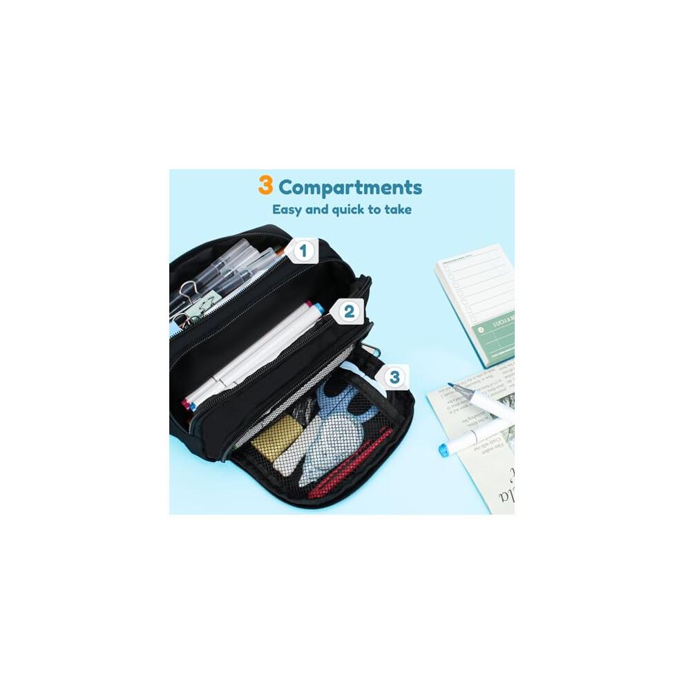 Euqvunn Black Pencil Case, Large Capacity Pen Case with 3 Compartments, Stationery Pouch for School & Office Supplies, Unisex