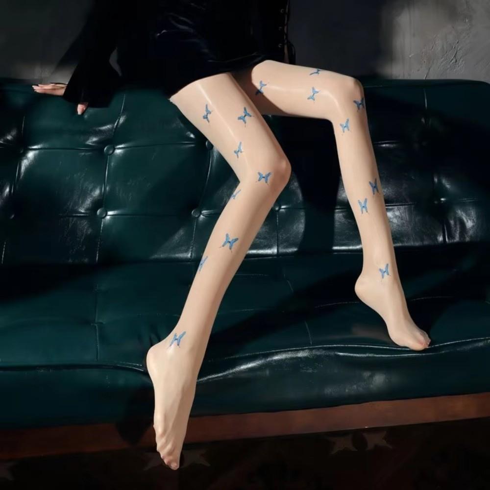 Sexy Butterfly Printed 8D Smooth Glossy Socks Shiny Soft Horse Oil Socks High Waist Sexy Tights Party