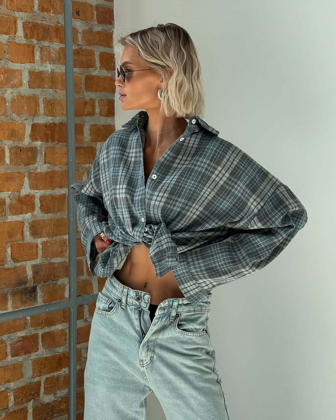 Women s Plus Size Blue White Plaid Long Sleeve Shirt S сине серый