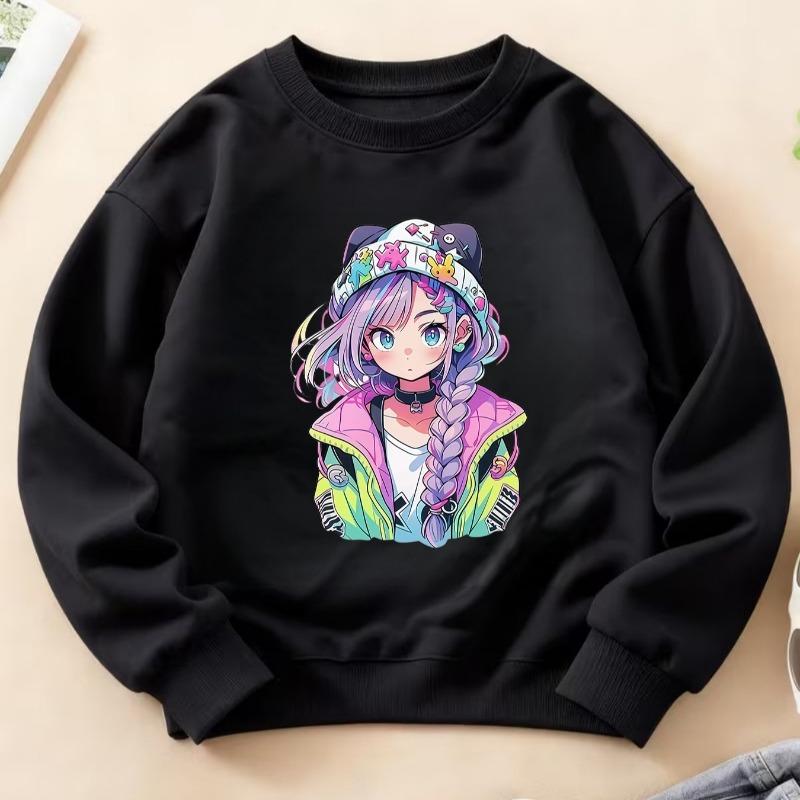 Kids Crewneck Long Sleeve Sweatshirt, Sweet Cool Twin Tails Purple Hair Girl Graphic Print, Soft Stylish Top