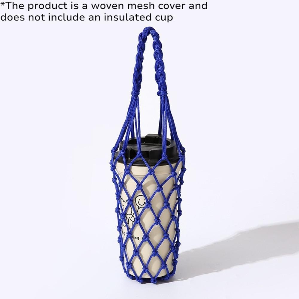 Reusable Woven Coffee Cup Holder Handmade Mesh Water Bottle Carry Bag with Shoulder Strap for Walking Office Picnic Travel