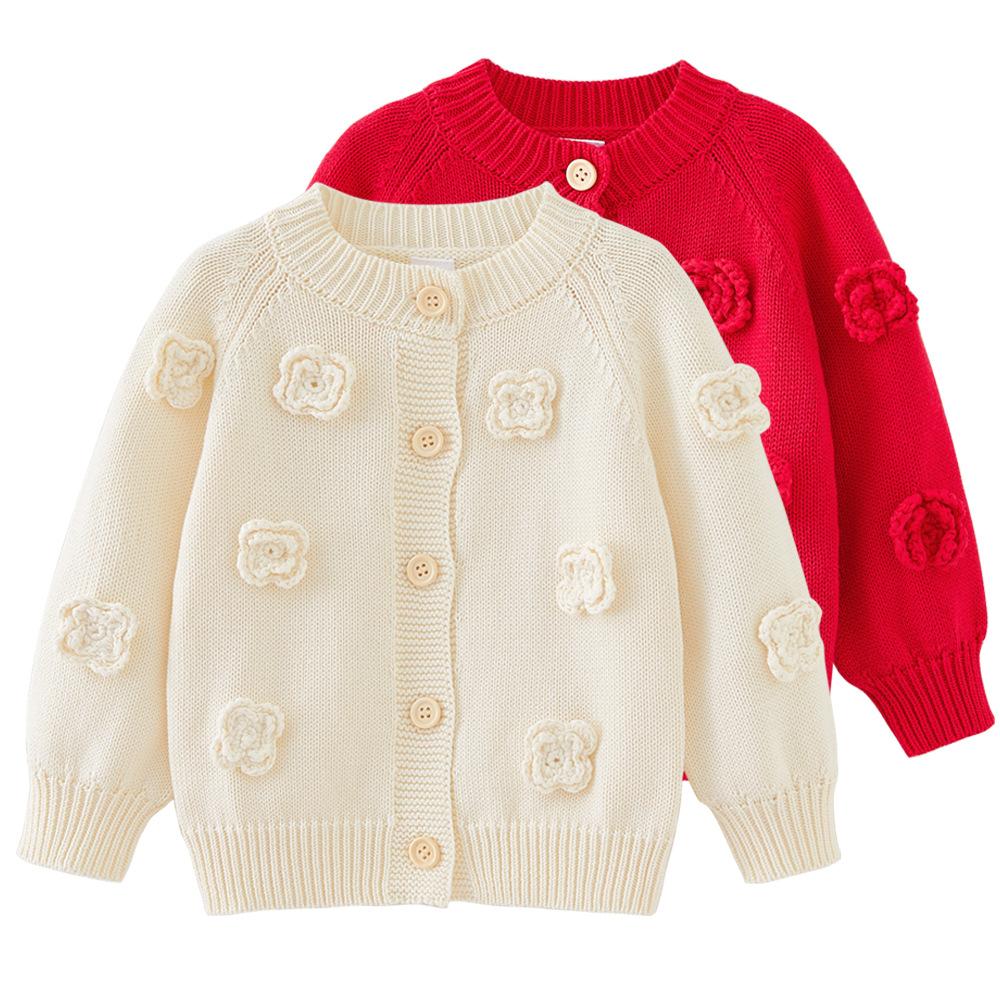 Spring and Autumn Round Neck Handmade Flower Children's Knitted Cardigan Long Sleeve Jacket Girls Baby Sweater