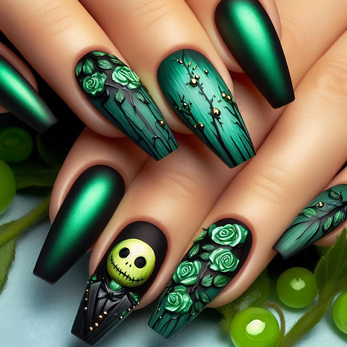 24-Piece Dark Green Christmas Nail Art Set with Removable Designs - Lines & Roses темно-зеленого