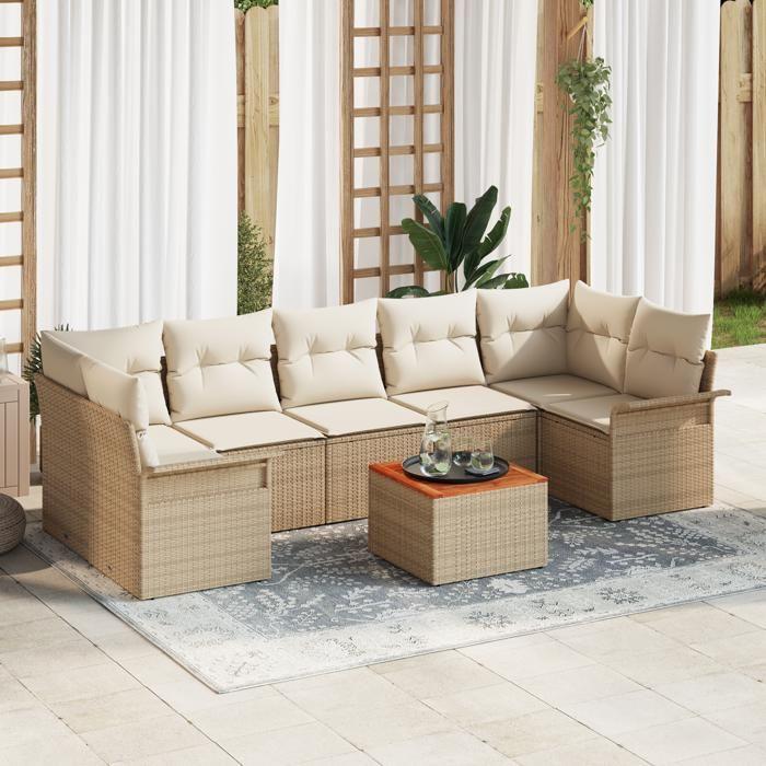 VidaXL Ensemble de canapé de jardin 8 pièces avec coussins Beige Poly Rattan Acacia 3347295