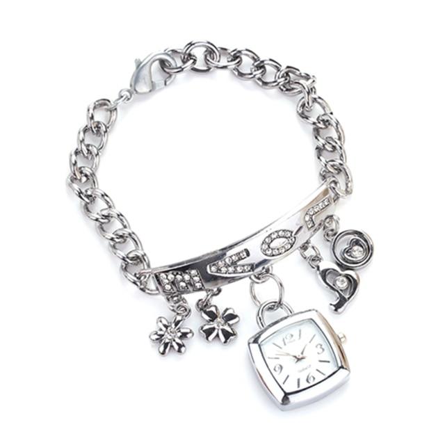 Armband-Armbanduhr, Strass-Blumen-Herz-Liebes-Stil, Edelstahl, stilvolle Quarz-Armbanduhr für den täglichen Gebrauch, Zegarek Damski