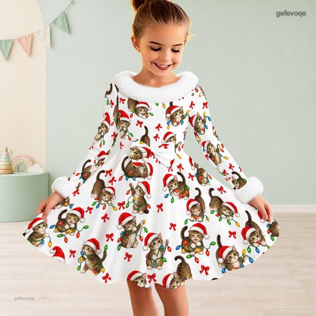 Kids Long Sleeve Christmas Dress, Fall Maple Leaf Print Faux Fur Collar Bow Decor Princess Dresses for Girl Holiday Party Wear