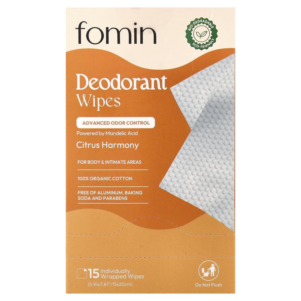Fomin, Deodorant Wet Wipes, Citrus Harmony, 15 Individually Wrapped Wet Wipes