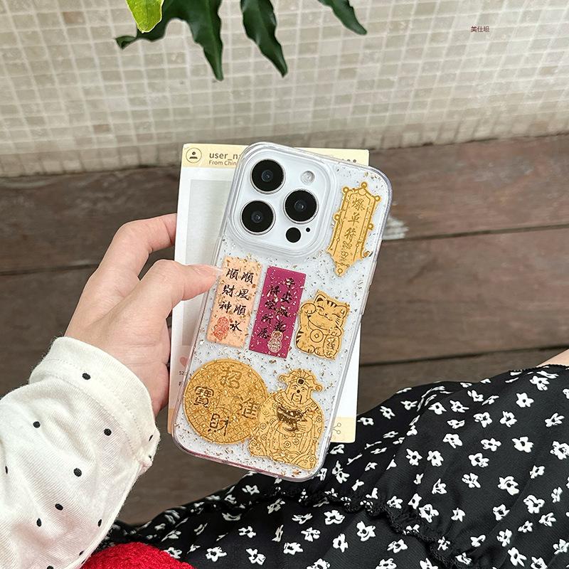 Applicable to Apple 16promax mobile phone case, Epoxy gold foil iPhone15 God of Wealth 14 Shunfeng 13 Shunshui 12 Transparent