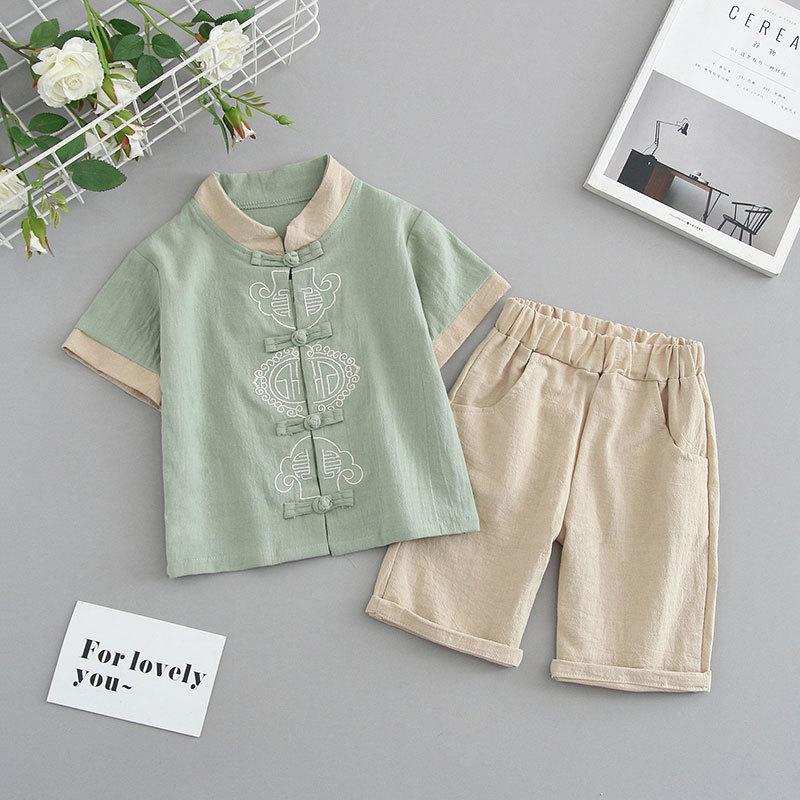 Completo Estivo da Ragazzo a Maniche Corte Stile Cinese per Bambini Hanbok Bello Completo Tang Cotone Lino Sezione Sottile di Abbigliamento Antico
