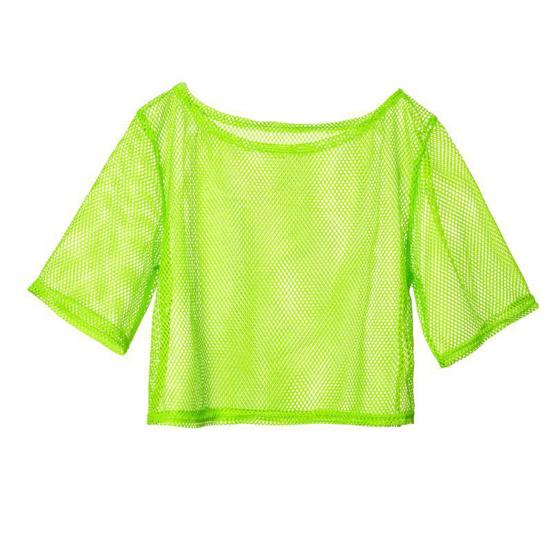 Women Fishnet T-Shirt Hollow Out Solid Color Loose Round Neck Three Quarter Sleeve Pullover See-through Nightclub Party Dance Top