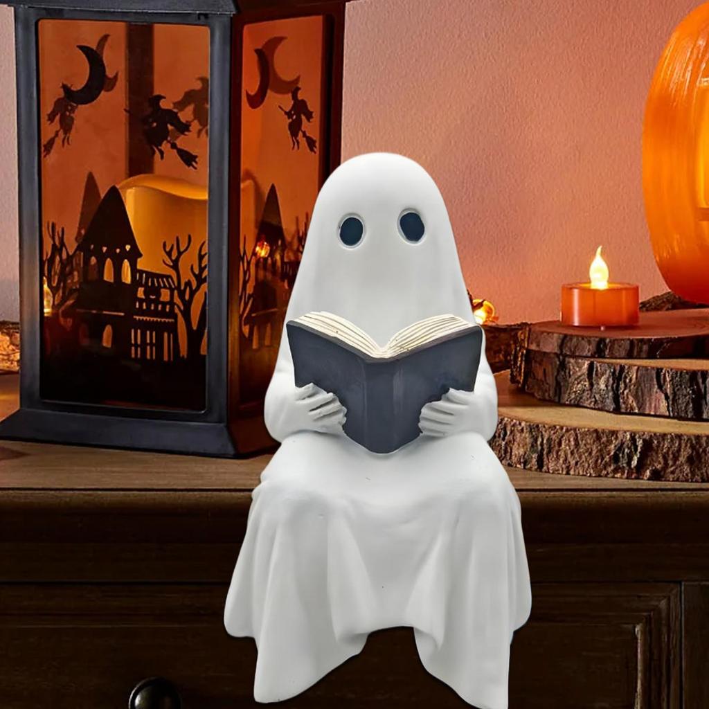 Halloween Ghost Reading Figurine Ornament Resin Cute White Ghost Statue Ghost Decoration For Living Room Offices Bedroom