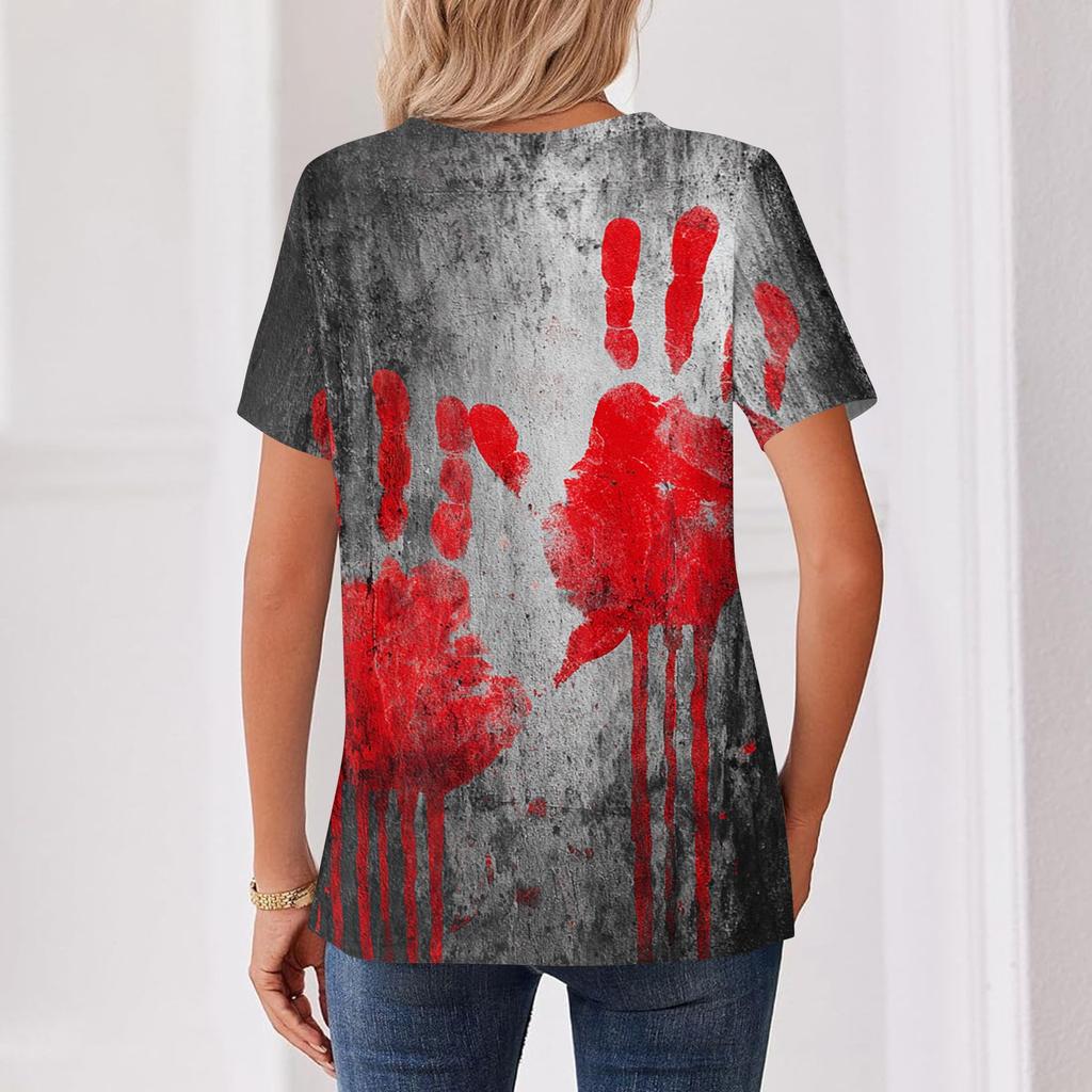 Womens Casual Halloween Printed V Neck Short Sleeve Button Down T Shirt Top for Daily Wear Holiday Party Outfit