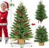 3 ft Artificial Christmas Tree with Dual Color Lights, Timer, PE+PVC Spruce, Pinecone Red Berry Burlap Base