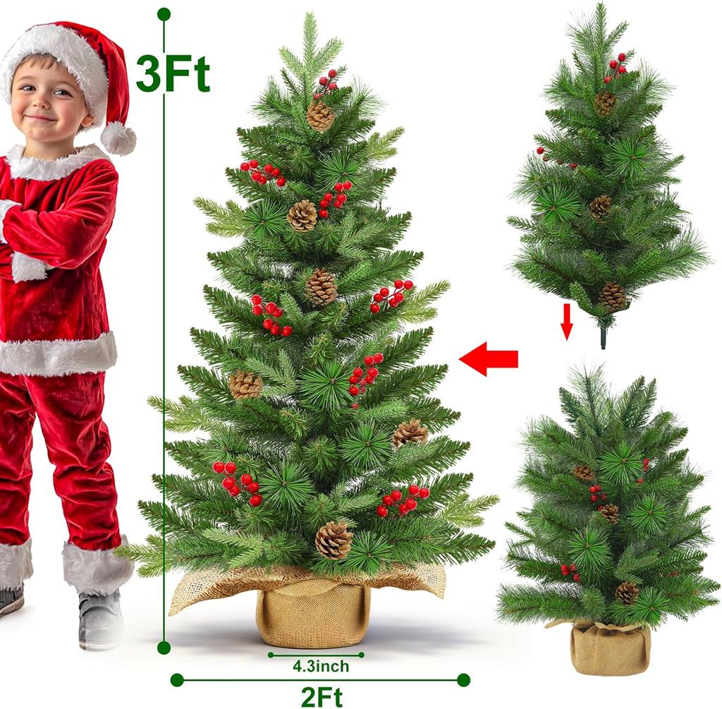 3 ft Artificial Christmas Tree with Dual Color Lights, Timer, PE+PVC Spruce, Pinecone Red Berry Burlap Base