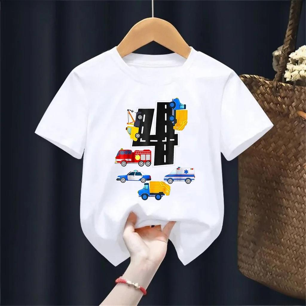 Police car engineering vehicle ambulance fun printed summer boy and girl short sleeved Tshirt top