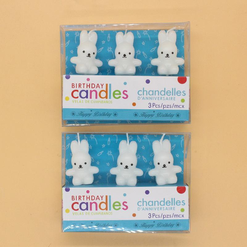 New Cute 3 Pieces PVC Boxed White Rabbit Cartoon Candles Birthday Cake Party Rabbit Decoration Candles