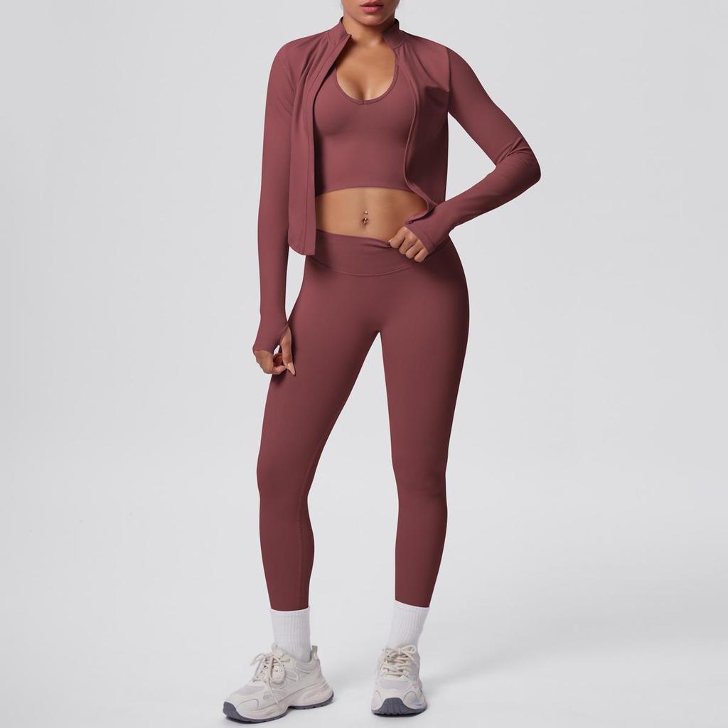 Cross-border Hip Lift Tight Seamless Pants with Shockproof Halter Bra and Skin-friendly Zipper Jacket Sport Yoga Set