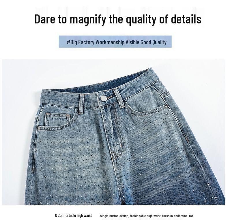 Gradient Rhinestone High-Waisted Wide-Leg Denim Pants - Women's 2025 Summer Style