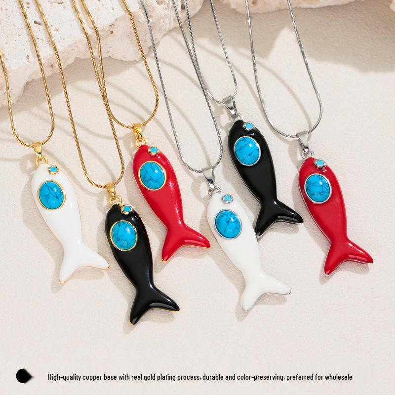 Enamel and Natural Stone Fish Pendant Necklace with Clavicle Chain