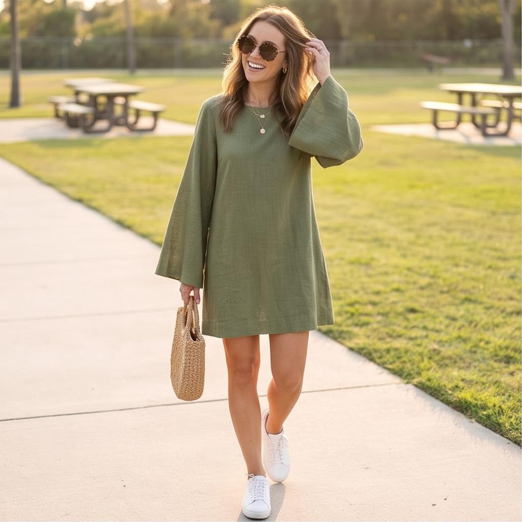 Women's Long Sleeve Neck Casual Color Dress for Everyday Wear