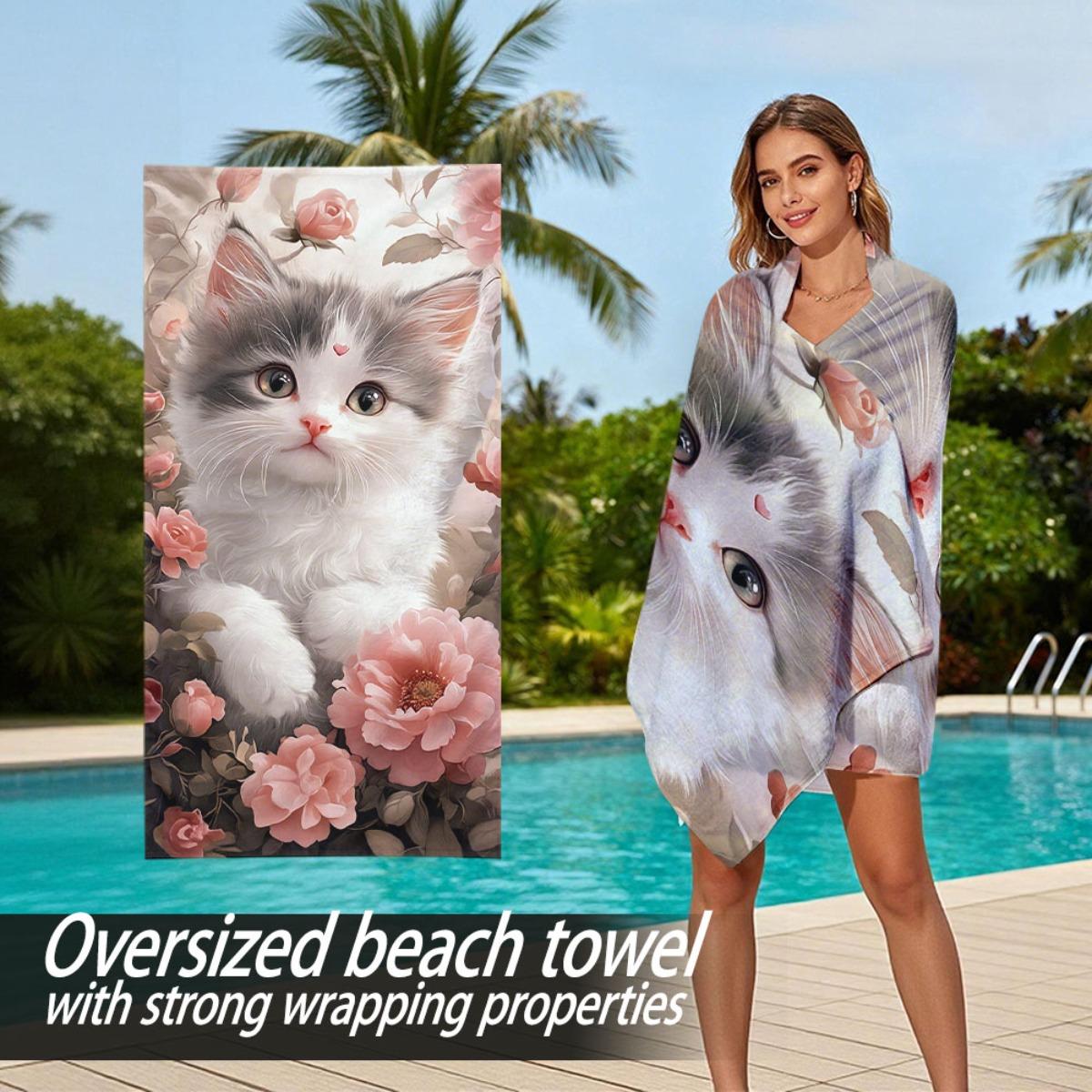 

Cute cat and floral-themed pattern polyester microfiber beach towel is highly absorbent, suitable for swimming and beach outings W30*H60(CM)